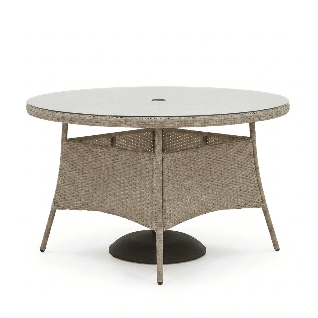 Kemble 6 Seater Round Rattan Garden Dining Table - Light Grey with Clear Glass Top - Laura James