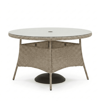Kemble 6 Seater Round Rattan Garden Dining Table - Light Grey with Clear Glass Top - Laura James