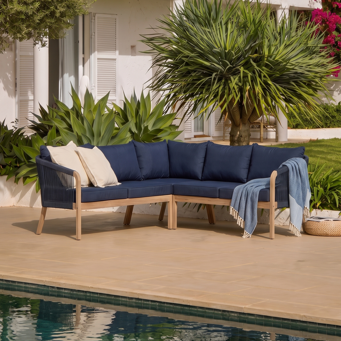 Shiro Brushed Light Acacia Garden Corner Sofa - Navy Rope - Laura James 