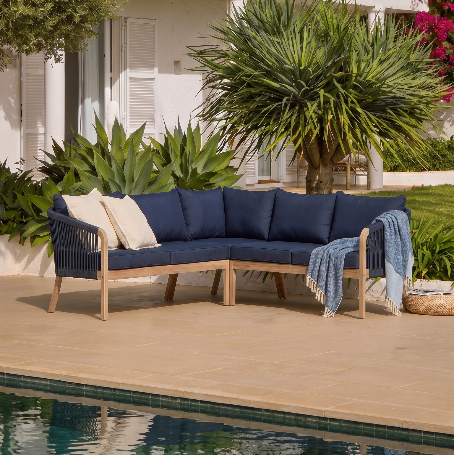 Shiro Brushed Light Acacia Garden Corner Sofa - Navy Rope - Laura James 