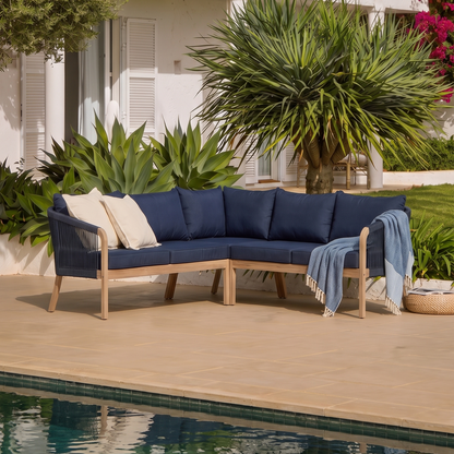 Shiro Brushed Light Acacia Garden Corner Sofa - Navy Rope - Laura James 