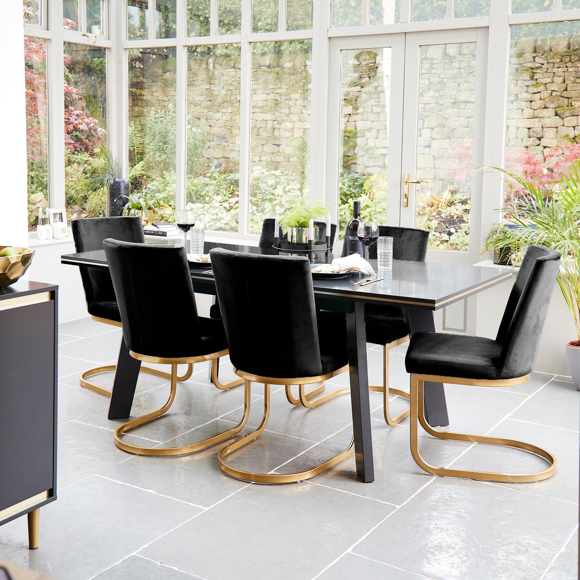 Iliana Black Dining Set with Black Velvet Dining Chairs and Gold Accents - Laura James