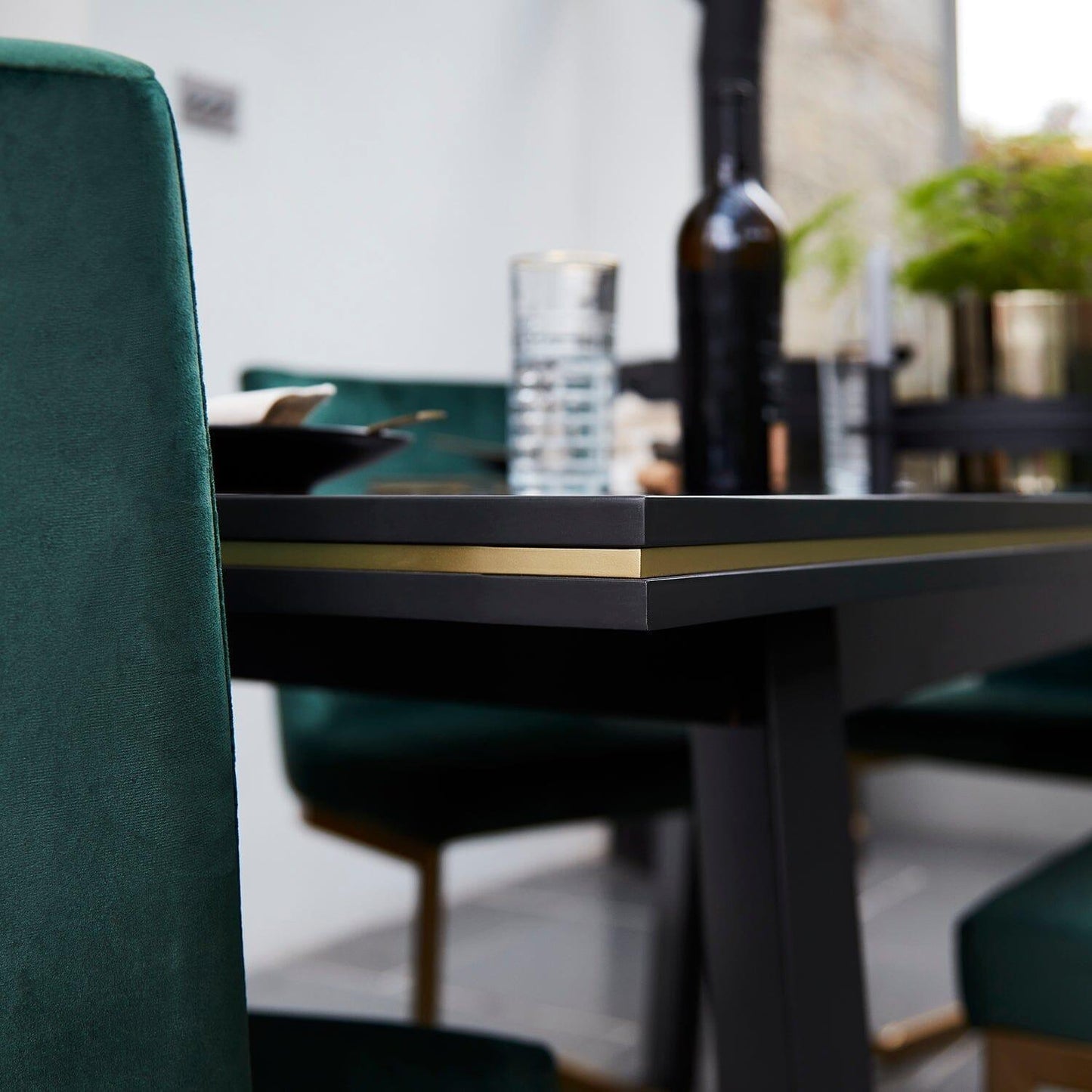 Iliana Black Dining Table Set with Green Velvet Dining Chairs - Laura James