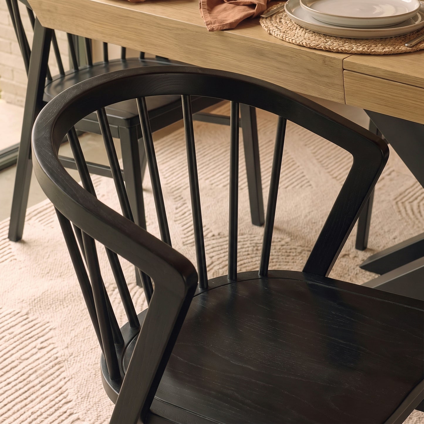 Olivia 160-240cm Whitewash Oak Dining Table Set - 6 Seater - Mabel Dining Chairs - Black Oak Legs