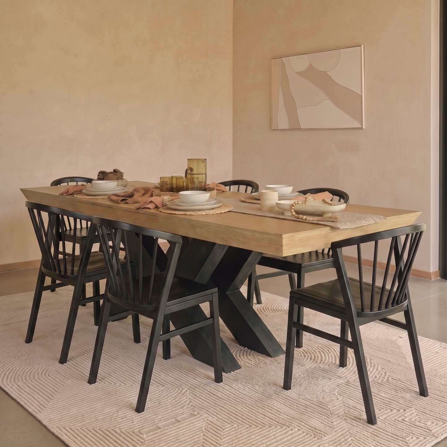 Olivia 160-240cm Whitewash Oak Dining Table Set - 6 Seater - Mabel Dining Chairs - Black Oak Legs - Laura James 