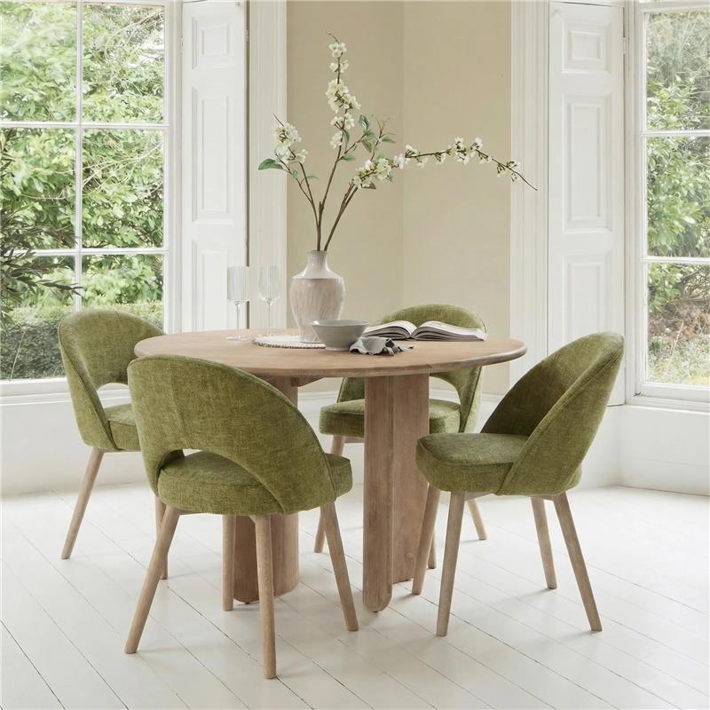 Imogen 120cm Chalked Mango Wood Round Dining Table Set  - 4 Seater - Marilyn Moss Green Dining Chairs - Chalked Mango Wood Legs - Laura James