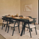 Sabina 160-240cm Black Oak Extending Dining Table Set - 6 Seater - Ella Off White Boucle Dining Chairs - Black Oak Legs - Laura James 