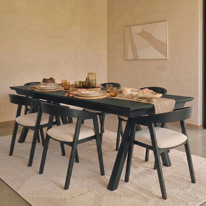 Sabina 160-240cm Black Oak Extending Dining Table Set - 6 Seater - Ella Off White Boucle Dining Chairs - Black Oak Legs - Laura James 