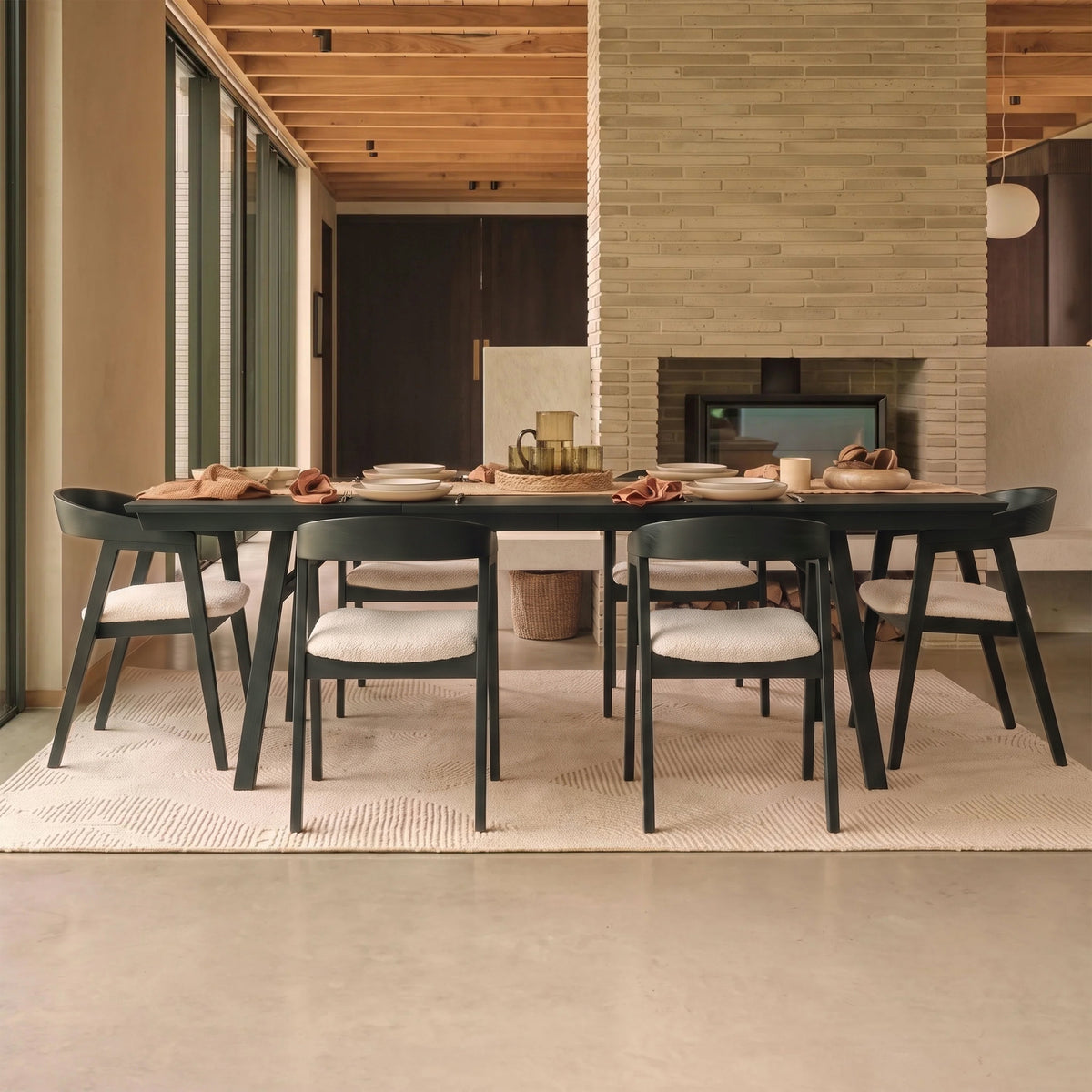 Sabina 160-240cm Black Oak Extending Dining Table Set - 6 Seater - Ella Off White Boucle Dining Chairs - Black Oak Legs - Laura James 