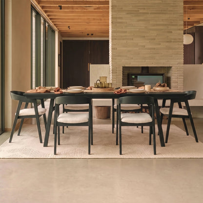 Sabina 160-240cm Black Oak Extending Dining Table Set - 6 Seater - Ella Off White Boucle Dining Chairs - Black Oak Legs - Laura James 