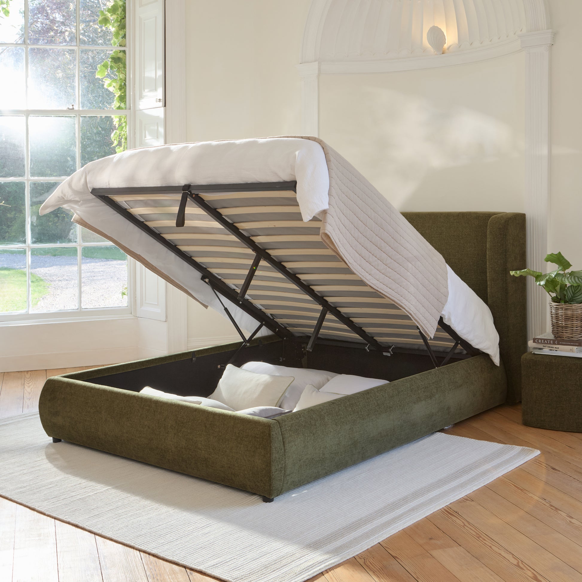 Hannah King Ottoman Bed - Moss Green - Laura James