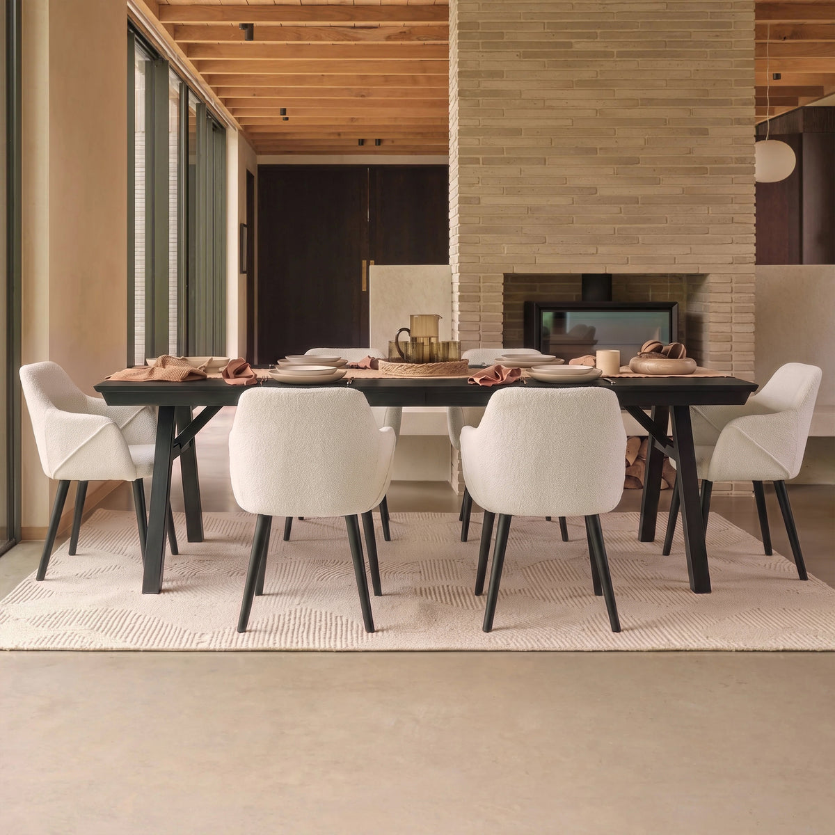 Sabina 160-240cm Black Oak Extending Dining Table Set - 6 Seater - Freya Ecru Boucle Dining Armchairs - Black Oak Legs - Laura James 