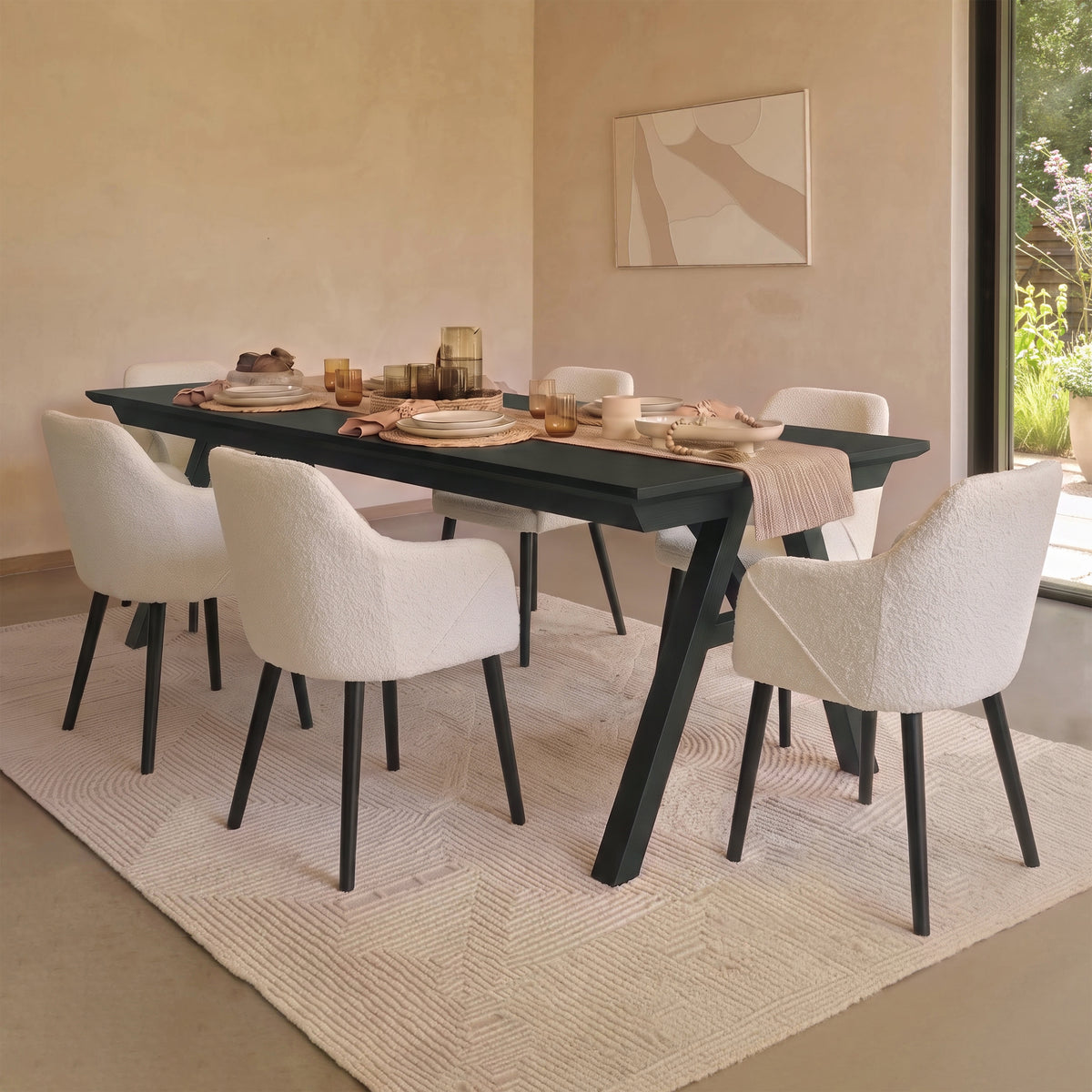 Sabina 160-240cm Black Oak Extending Dining Table Set - 6 Seater - Freya Ecru Boucle Dining Armchairs - Black Oak Legs - Laura James 