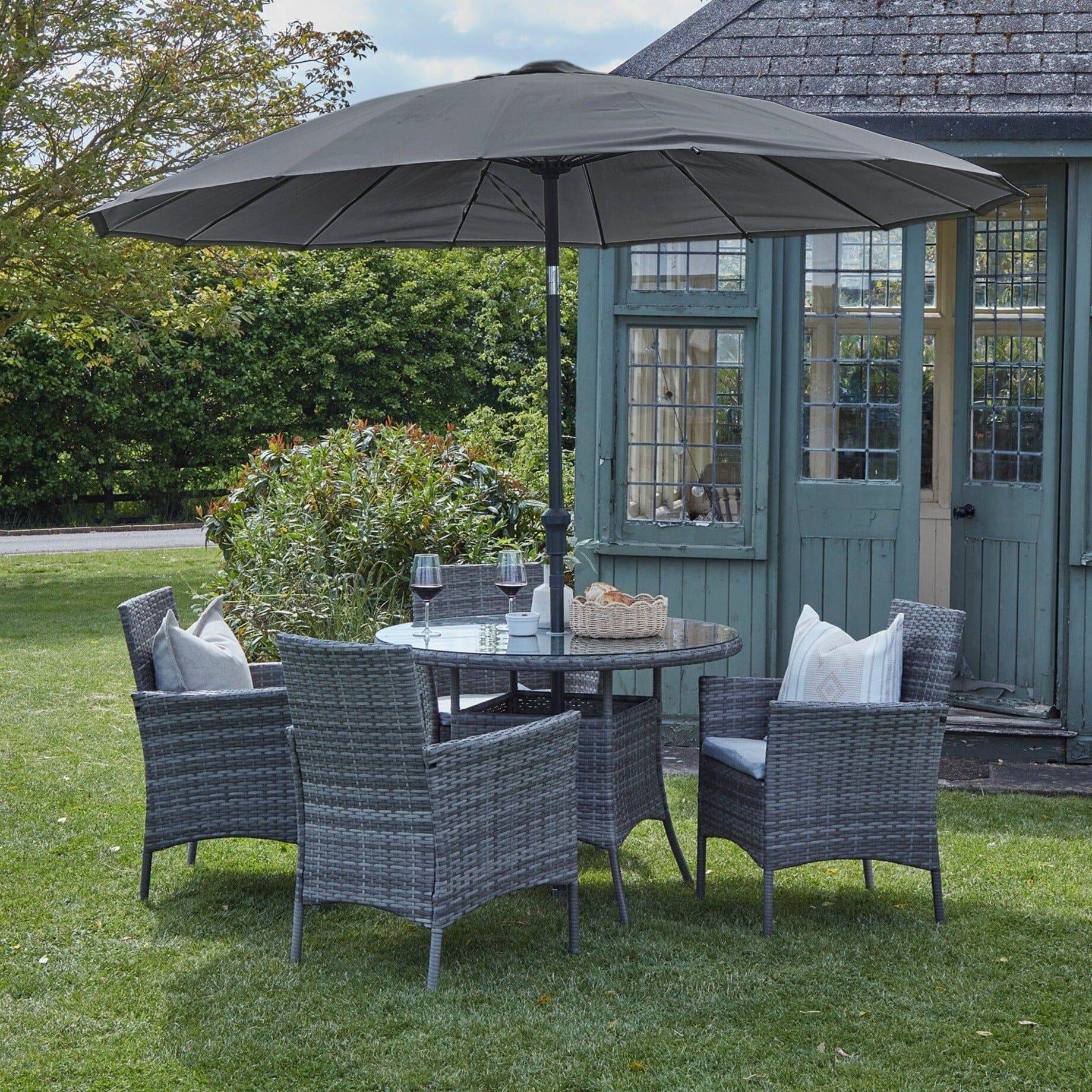 Kemble 4 Seater Rattan Round Dining Set Parasol Weave