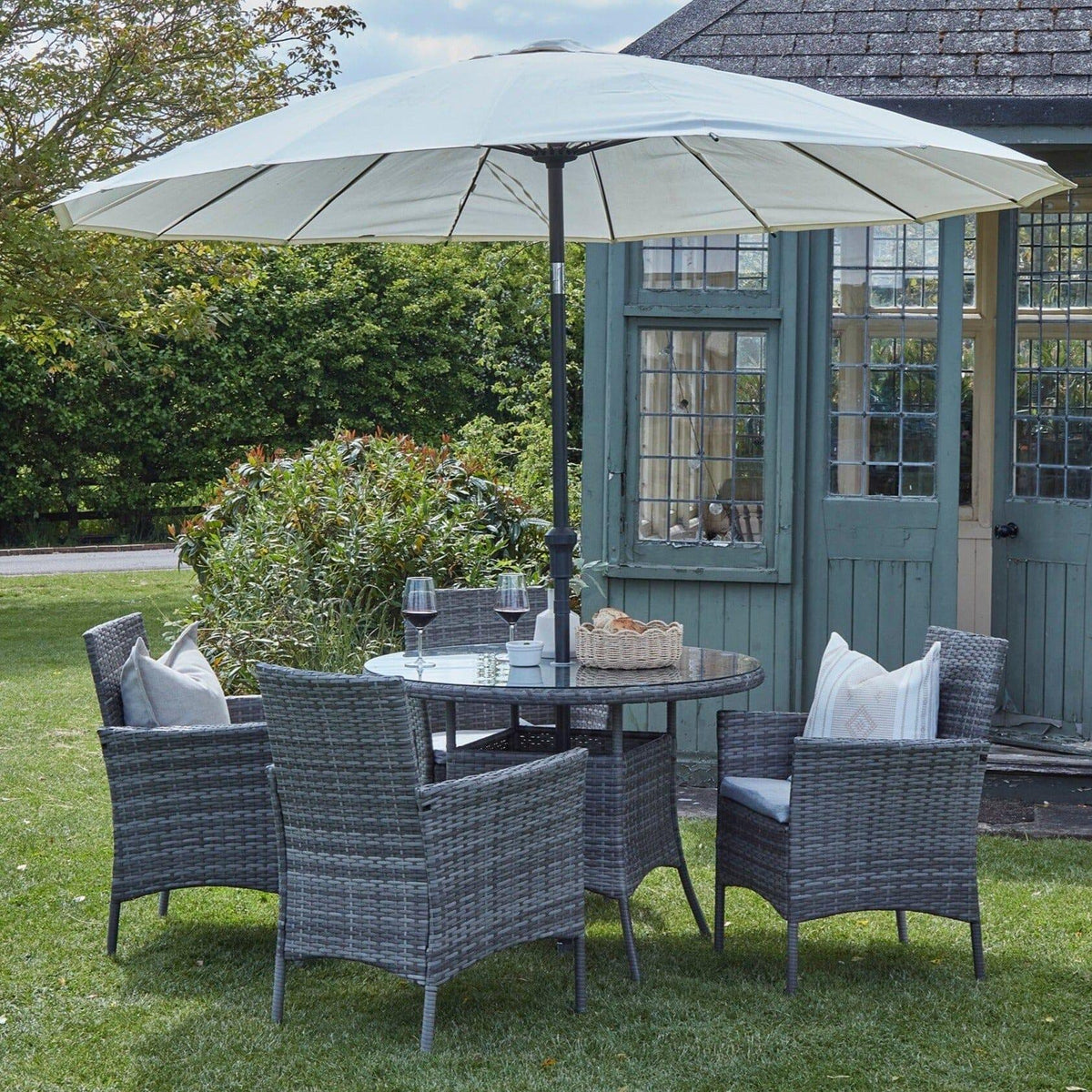 Kemble 4 Seater Rattan Round Garden Dining Set Cream Parasol Weave