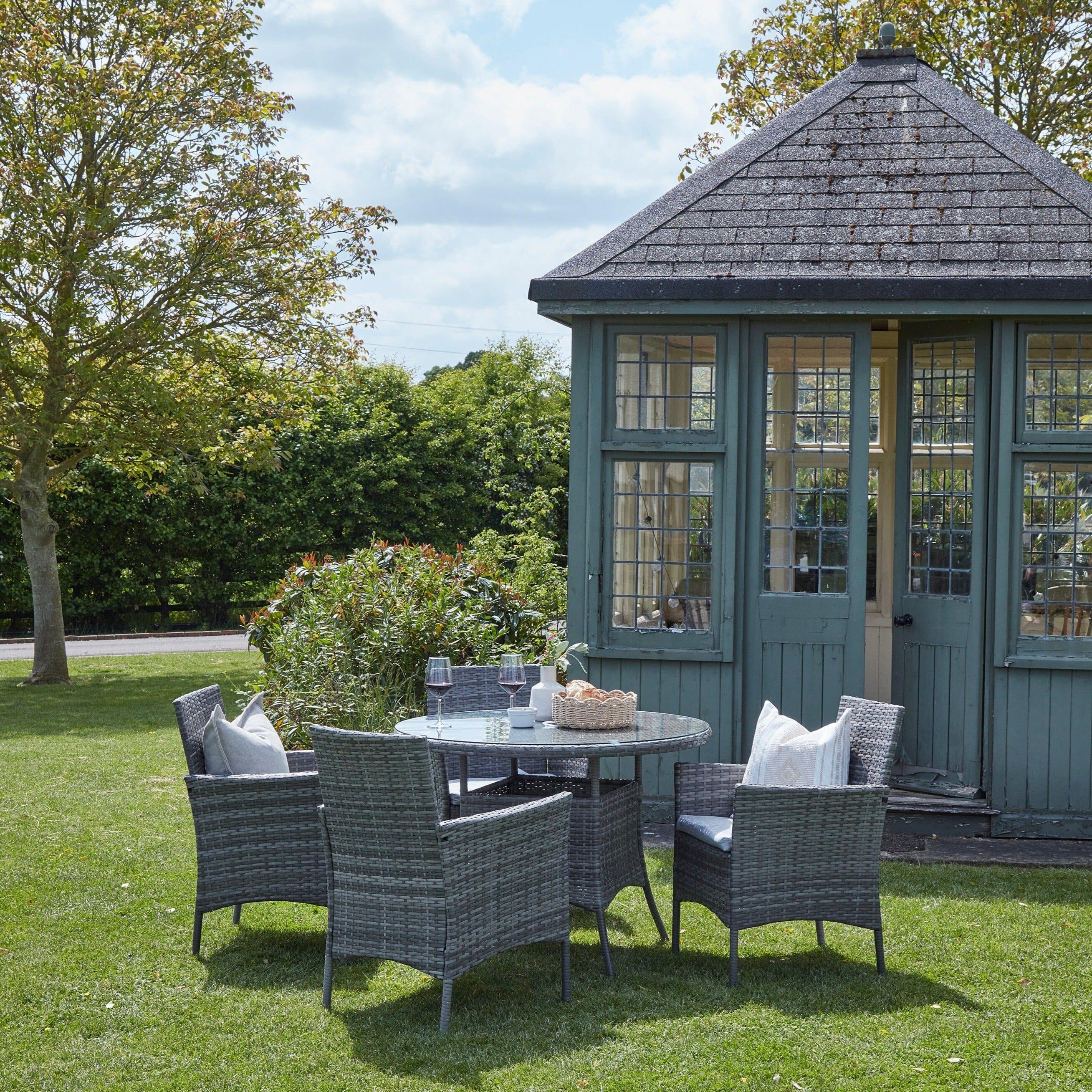 Kemble 4 Seater Rattan Round Garden Dining Set with Cream Parasol Gr Laura James