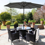 Kemble 4 Seater Rattan Round Dining Set with Grey Parasol - Black - Rattan Garden Furniture - Laura James