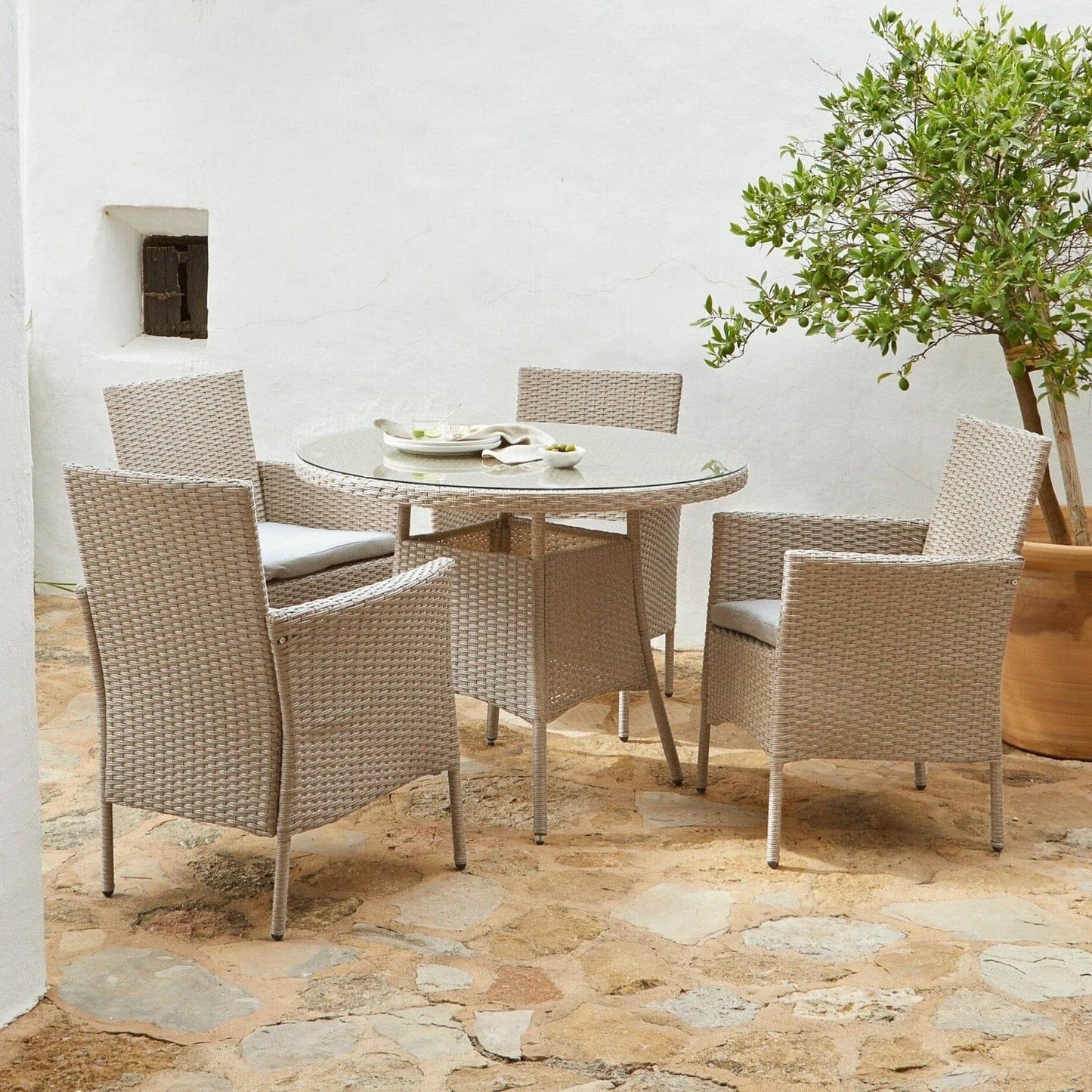 Kemble 6 Seater Round Rattan Garden Dining Set with Kemble/Marston Dining Chairs - Light Grey - Laura James