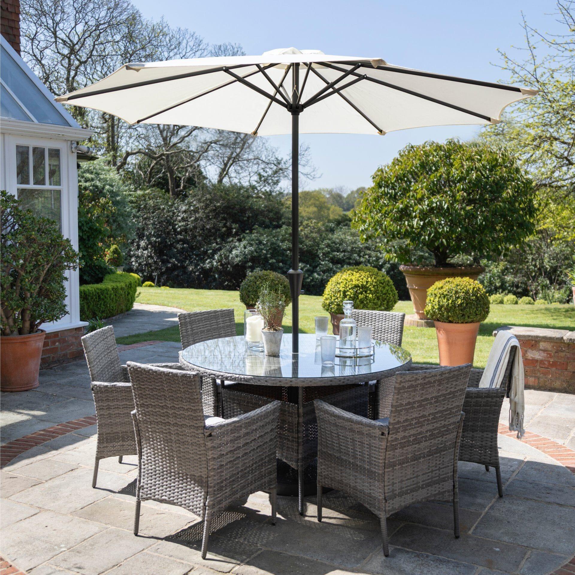 Kemble 6 Seater Rattan Round Dining Set Cream 2.7m Parasol Weave