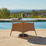 Kemble 6 Seater Rattan Round Outdoor Dining Table Set with Cream LED Premium Parasol - Natural Brown - Laura James