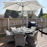 Kemble 6 Seater Rattan Round Dining Set with Parasol - Rattan Garden Furniture - Grey - Laura James