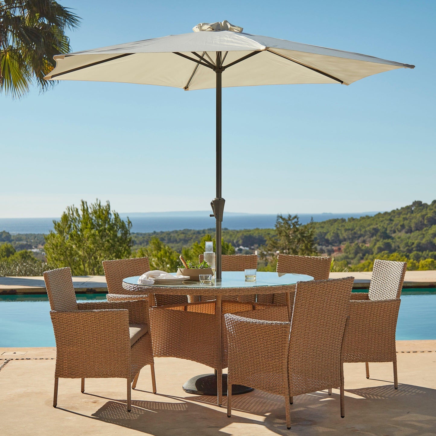 Kemble 6 Seater Rattan Round Dining Set with Cream Parasol - Natural Brown - Laura James
