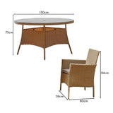 Kemble 6 Seater Rattan Round Dining Set with Cream Parasol - Natural Brown - Laura James