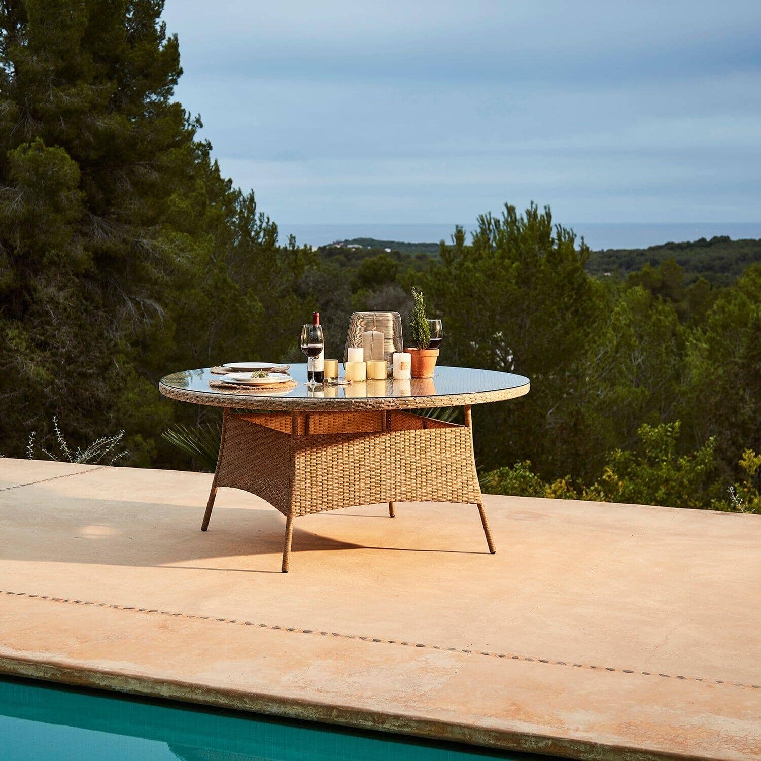 Kemble Seater Rattan Round Garden Dining Table Set Natural