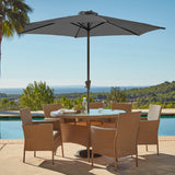 Kemble 6 Seater Rattan Round Outdoor Dining Table Set with Grey Parasol - Natural Brown - Laura James