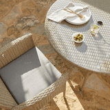 Kemble 6 Seater Rattan Round Outdoor Dining Table Set with Grey Parasol - Natural Brown - Laura James