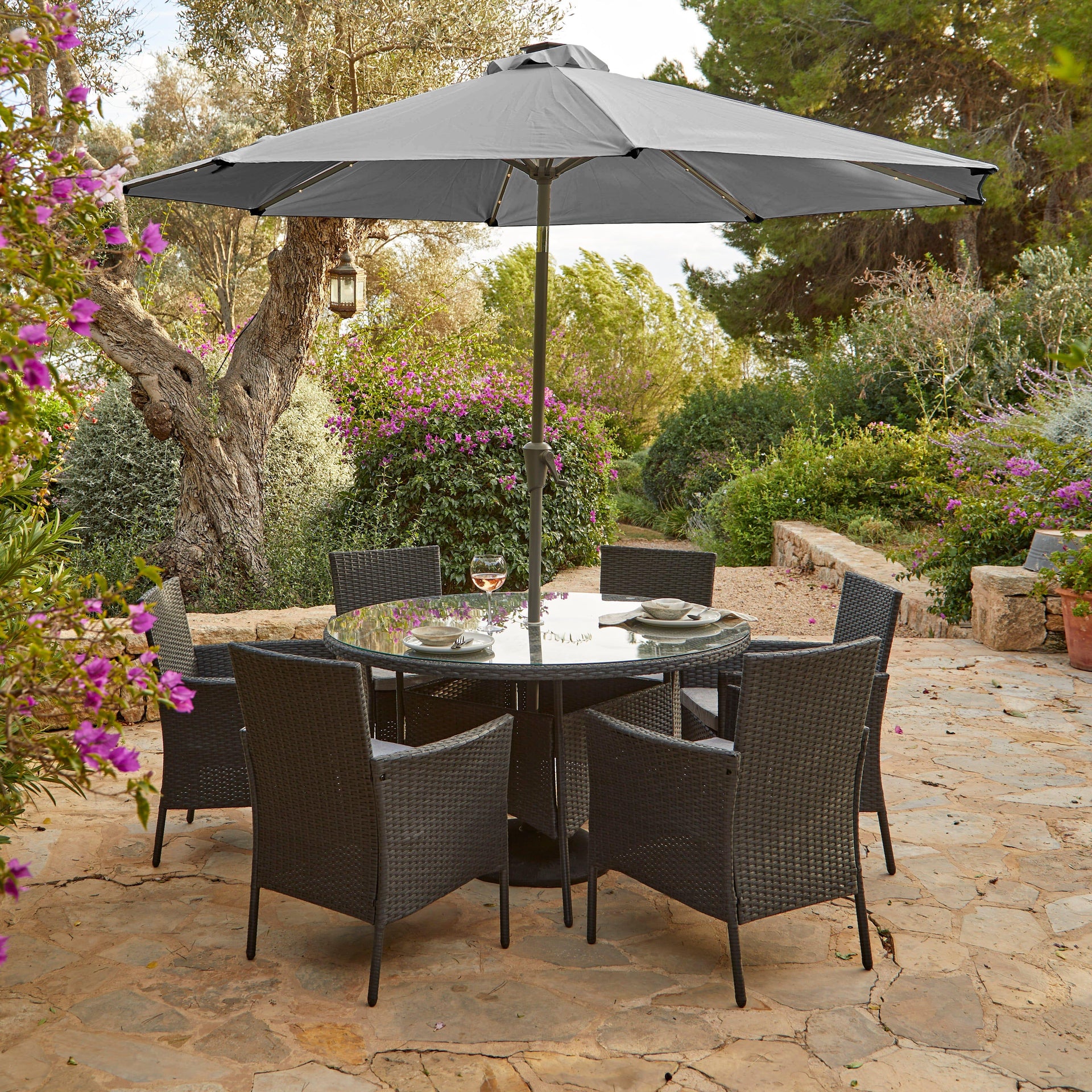 Kemble 6 Seater Rattan Round Garden Dining Set Grey Parasol Weave