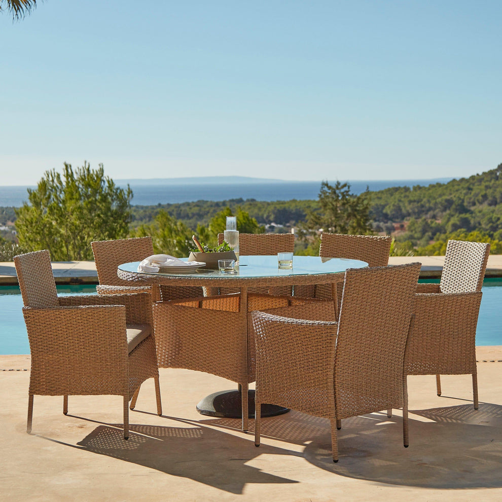 Kemble 6 Seater Rattan Round Outdoor Dining Table Set - Natural Brown ...