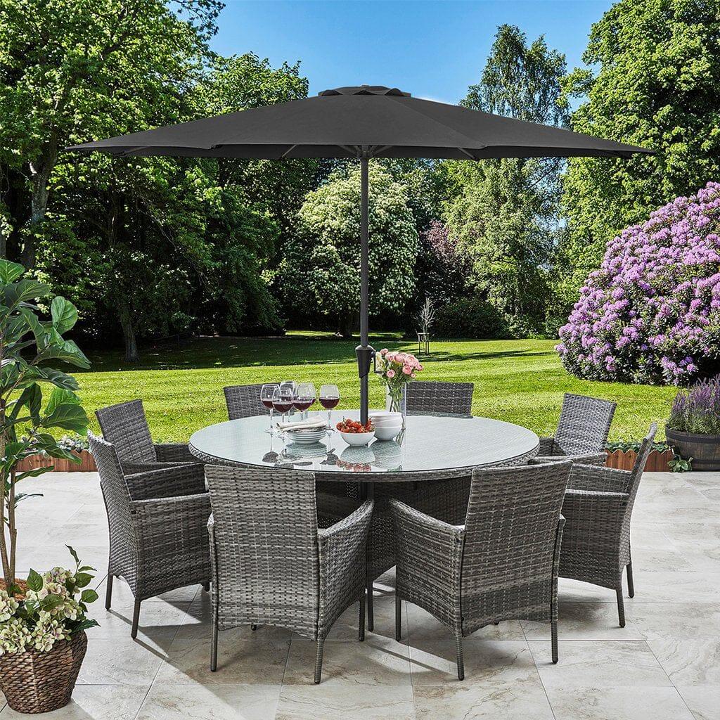 Kemble 8 Seater Rattan Round Garden Dining Set Parasol