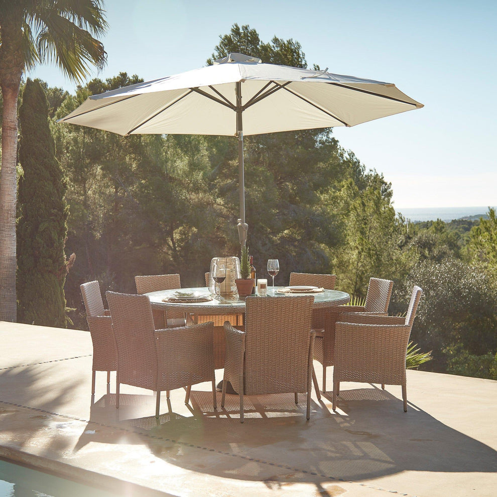 Kemble 8 Seater Rattan Round Garden Dining Set with Cream Parasol - Na ...