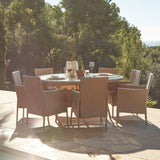Kemble 8 Seater Rattan Round Dining Set with Grey Parasol - Natural Brown - Laura James