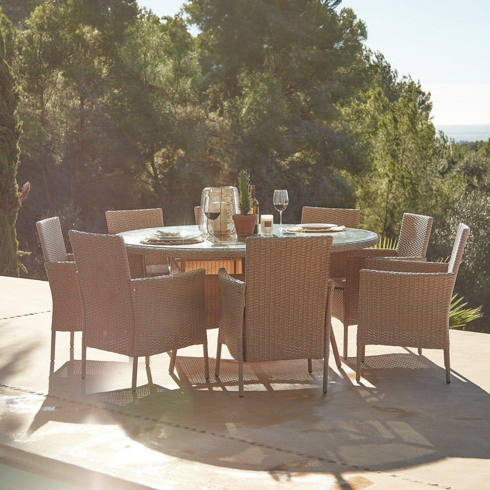 Kemble 8 Seater Rattan Round Garden Dining Set with Cream Parasol - Na ...