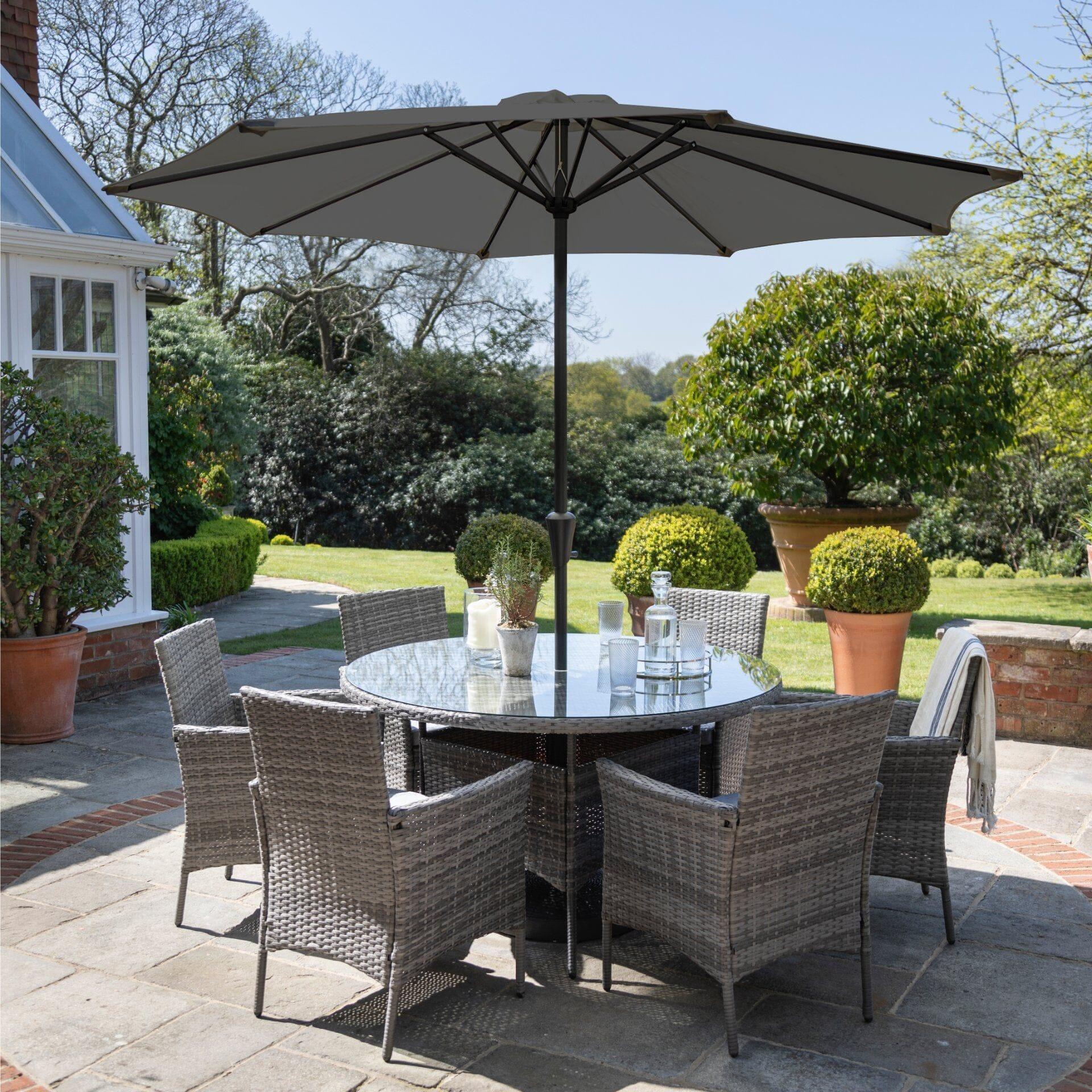 Kemble 6 Seater Rattan Round Garden Dining Set Parasol Weave