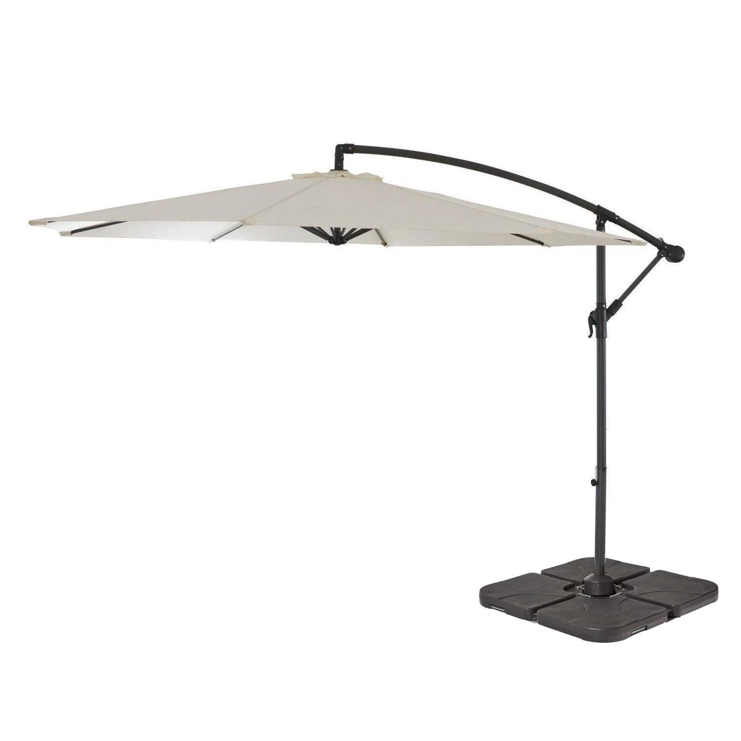 Round 2.9m Cream Lean-Over Parasol with 80kg Quartered Parasol Base - Black Plastic - Laura James