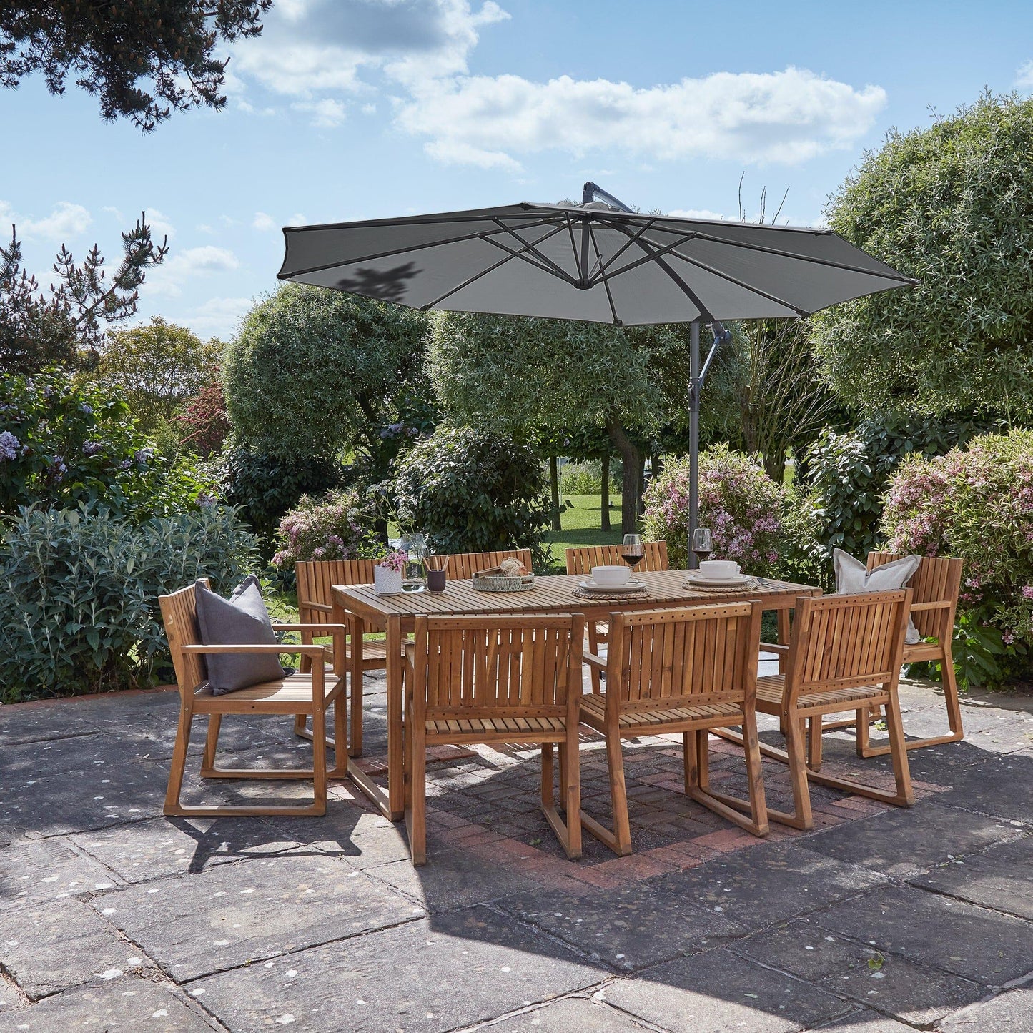 Lennox 8 Seater Wooden Outdoor Dining Set with Grey Parasol