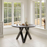 Levi Black Round Dining Table Set - 4 Seater - Freya Oatmeal Dining Chairs with Black Oak legs - Laura James