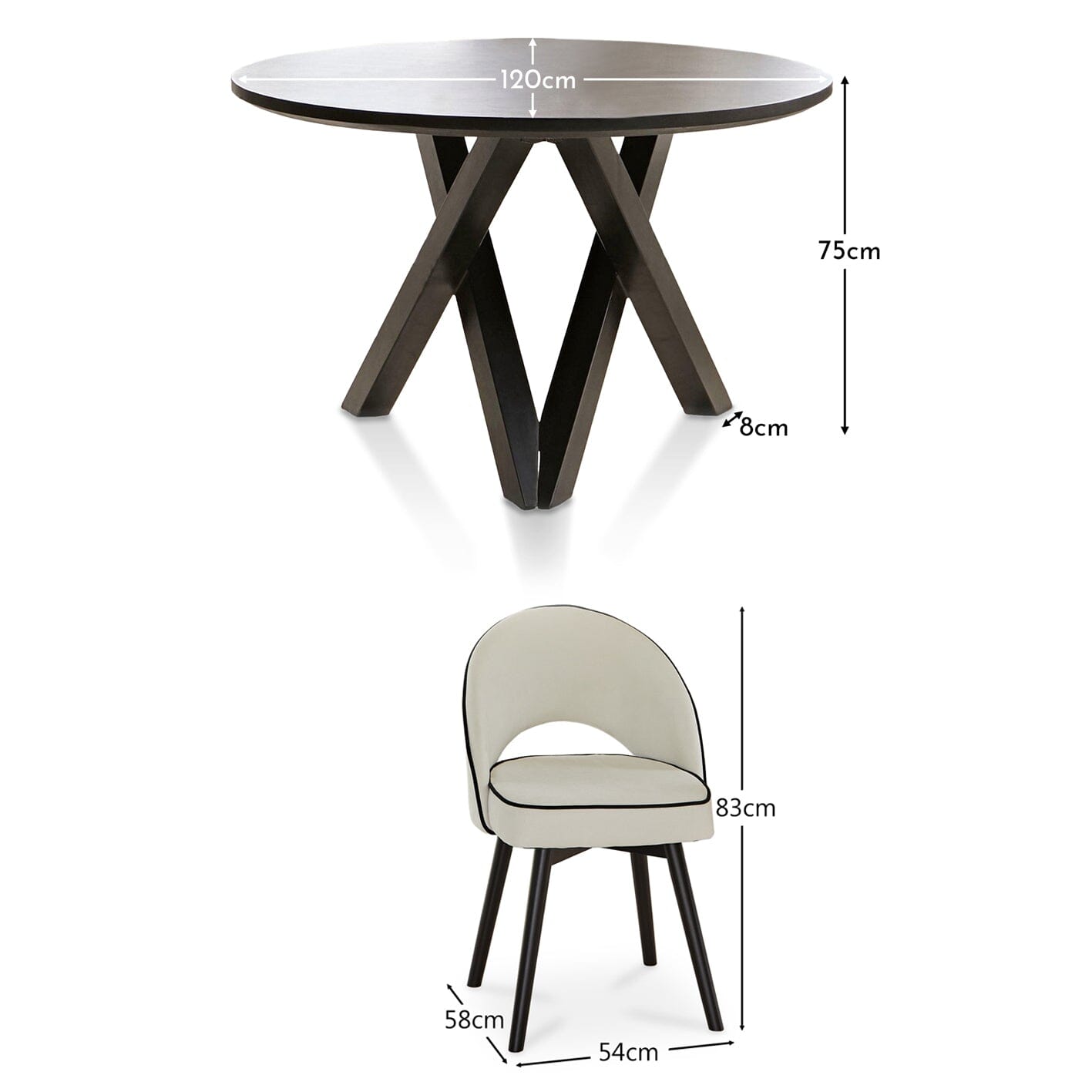 Levi Black Round Dining Table Set - 4 Seater - Marilyn Ivory and Black Piping Dining Chairs with Black Legs - Laura James 