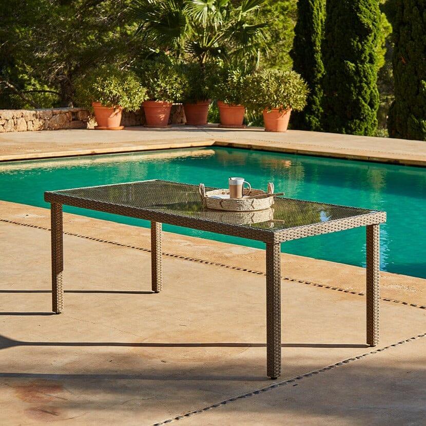 Marston 4 Seater Rattan Outdoor Dining Set with Cream Parasol - Rattan Garden Furniture - Natural Brown - Glass Top - Laura James