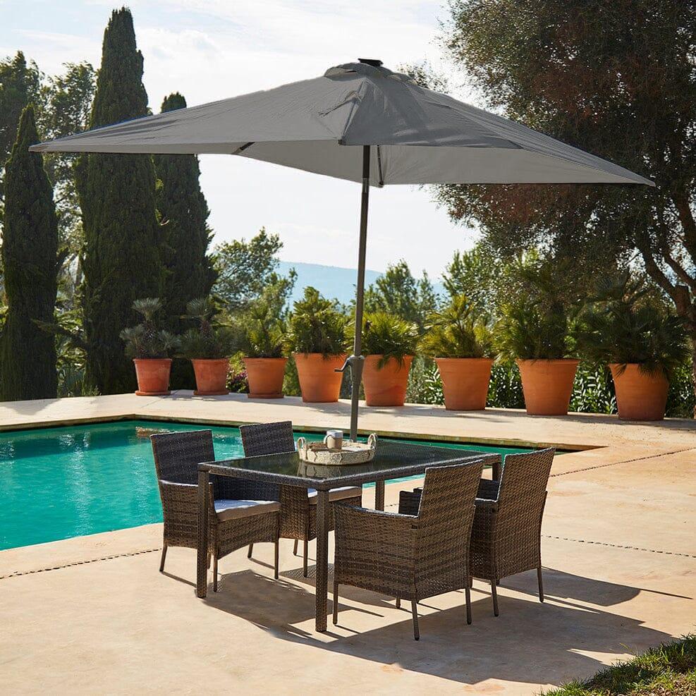 Marston 4 Seater Rattan Outdoor Dining Set with Grey LED Premium Parasol - Grey - Rattan Garden Furniture