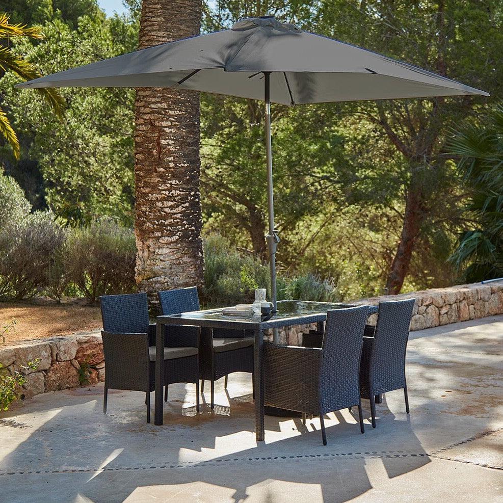 Marston 4 Seater Rattan Outdoor Dining Set with Grey Parasol - Rattan Garden Furniture - Black - Glass Top