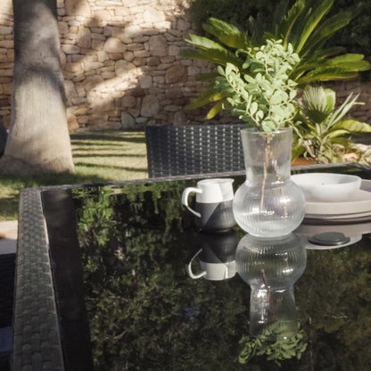 Marston 4 Seater Rattan Outdoor Dining Set with Grey Parasol - Rattan Garden Furniture - Black - Glass Top - Laura James