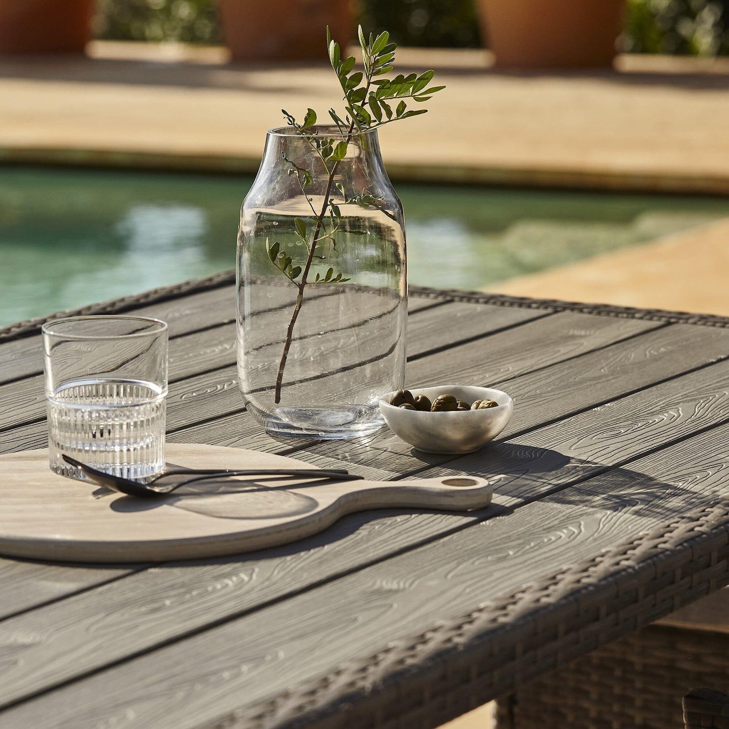 Marston 4 Seater Rattan Outdoor Dining Set with Grey Parasol - Rattan Garden Furniture - Grey - Polywood Top - Laura James