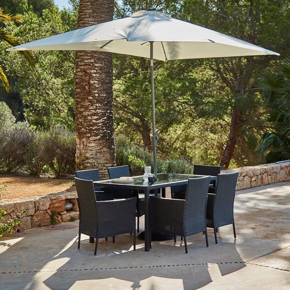 Marston 6 Seater Rattan Garden Dining Set Cream LED Premium Parasol Glass Top