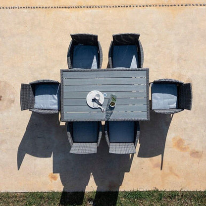 Marston 6 Seater Rattan Outdoor Dining Set with Cream LED Premium Parasol - Rattan Garden Furniture - Grey - Polywood Top - Laura James
