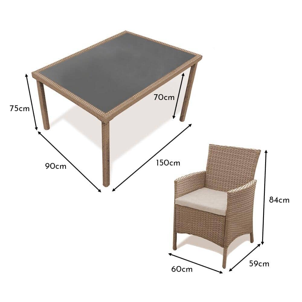 Marston 6 Seater Rattan Outdoor Dining Set with Cream Parasol - Rattan Garden Furniture - Natural Brown - Polywood Top