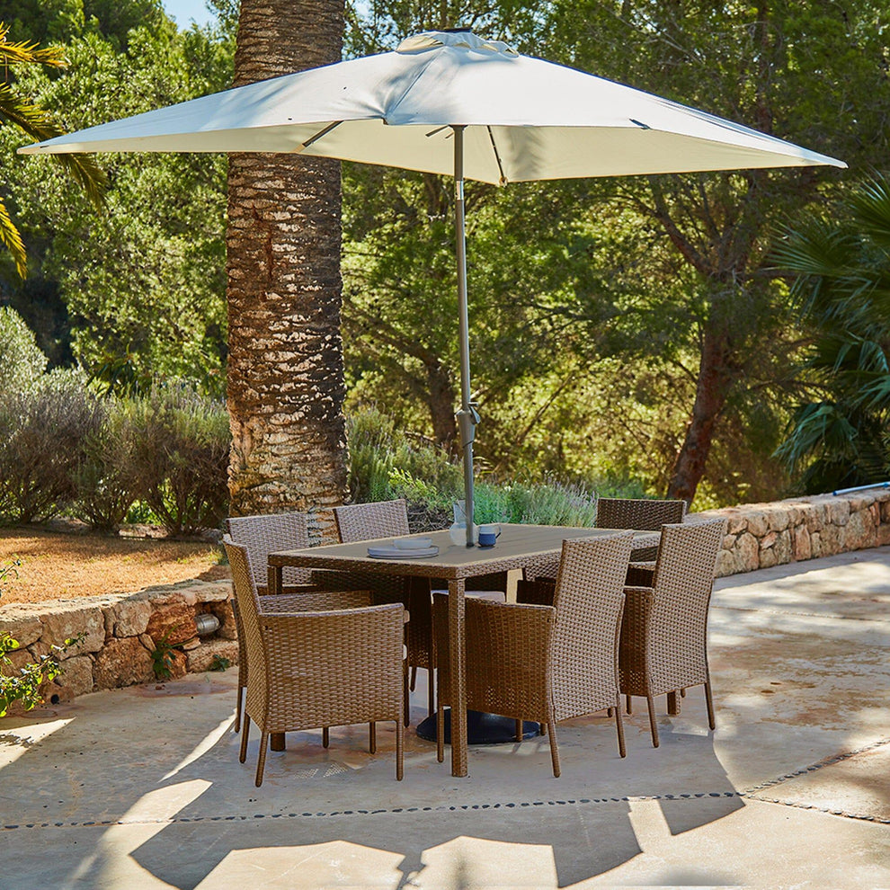 Marston 6 Seater Rattan Garden Dining Set with Cream Parasol - Natural ...